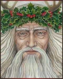 Portrait of an elder with a holly crown and long white hair and beard.