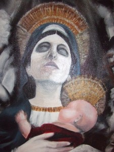 Mural of a serene woman holding a baby, symbolizing care and protection.
